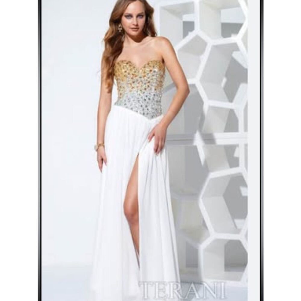 Terani Couture Strapless White Gown with Gold & Silver Beaded Bodice READ ALL